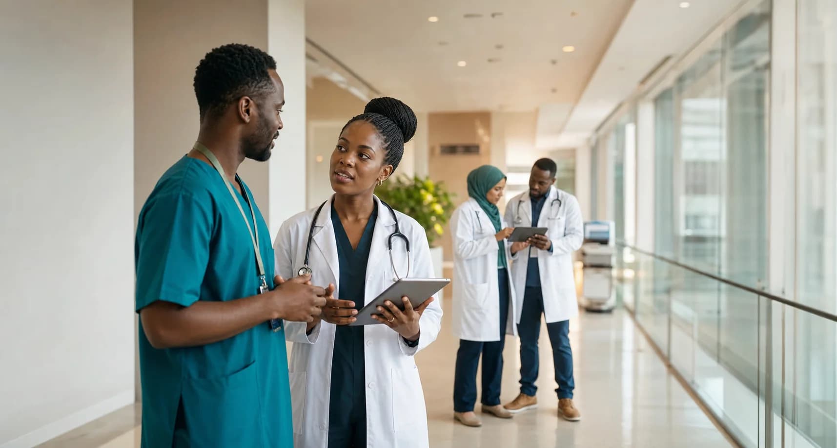 A connected healthcare team collaborating in a modern hospital