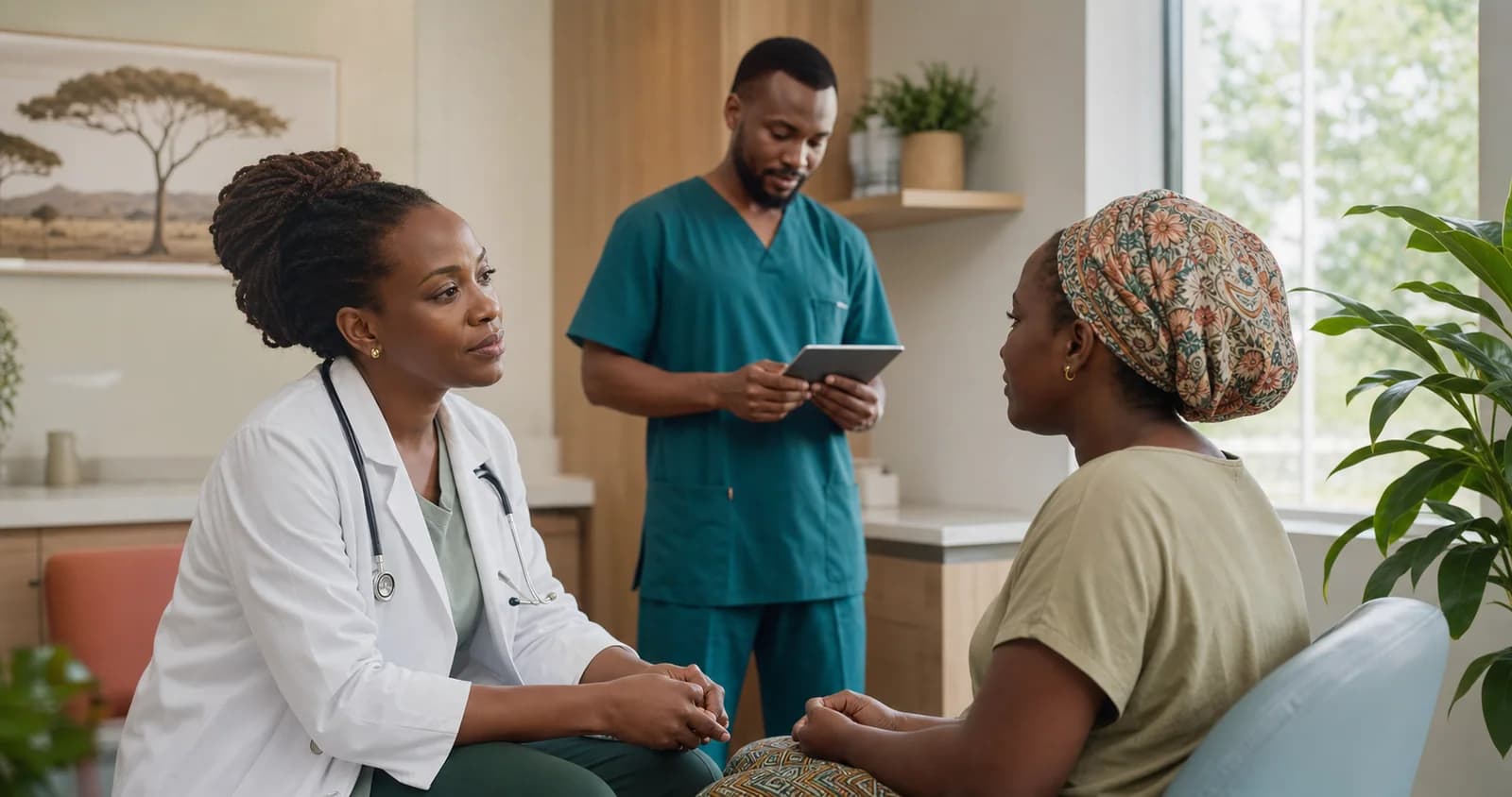 A clinician listening to a patient while a nurse coordinates care