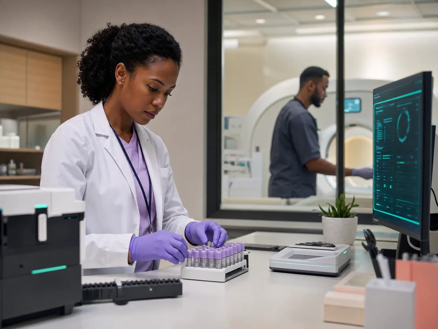 A laboratory scientist coordinating diagnostics beside an imaging suite
