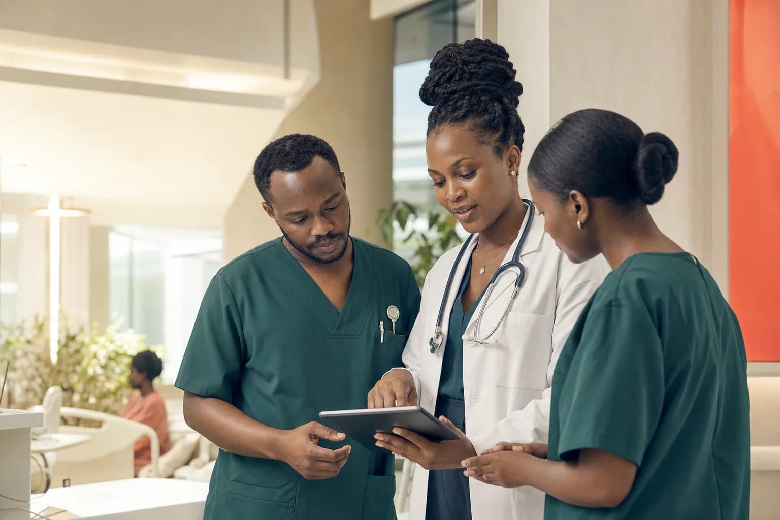 A coordinated care team reviewing patient information together